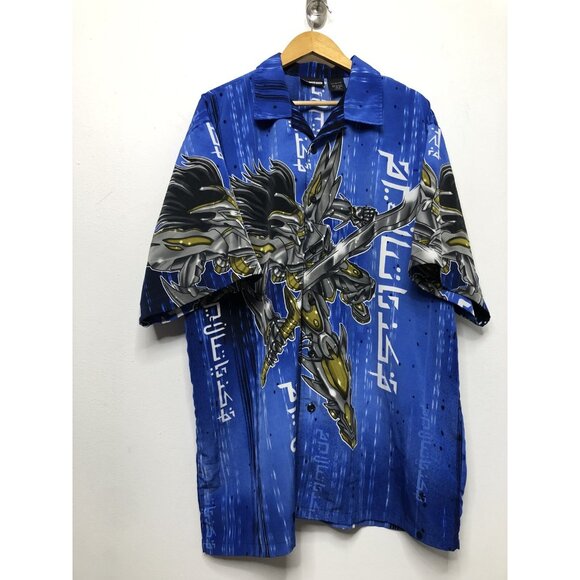 Vintage Odo Blue Anime Hawaiian Button Up Mens Large Korean Omegamon Omnimon - Picture 2 of 5